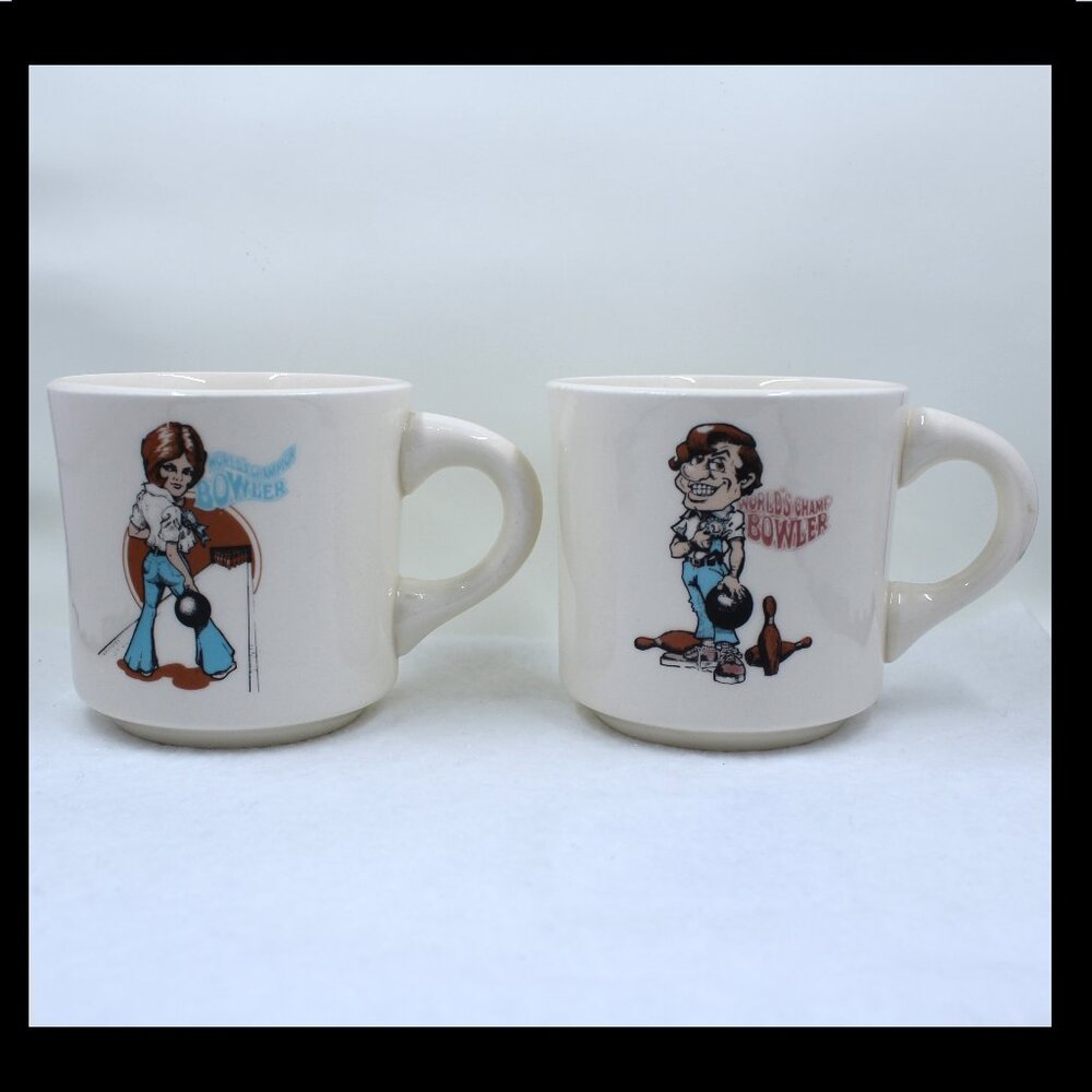 Two (2) Older - Vintage His & Hers Champ Champion Bowling Theme 8 oz Coffee Cups